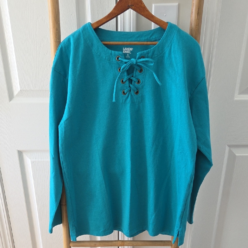 Lands' End Cotton Lace-Up Long Sleeve Top Teal Medium 10-12